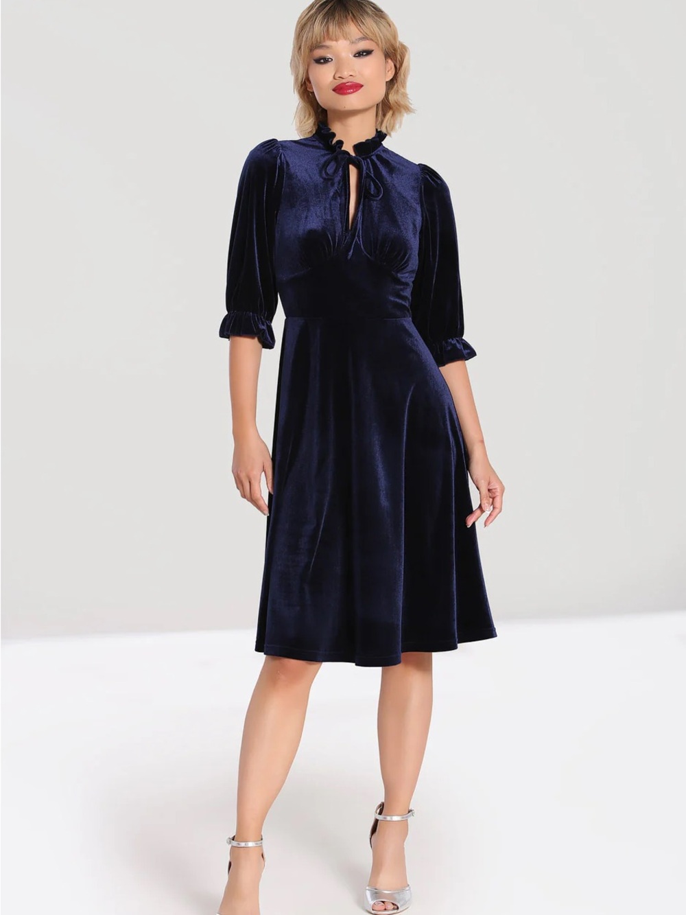 Hell Bunny Orion Dress Navy Velvet Tie-Front A-Line Midi